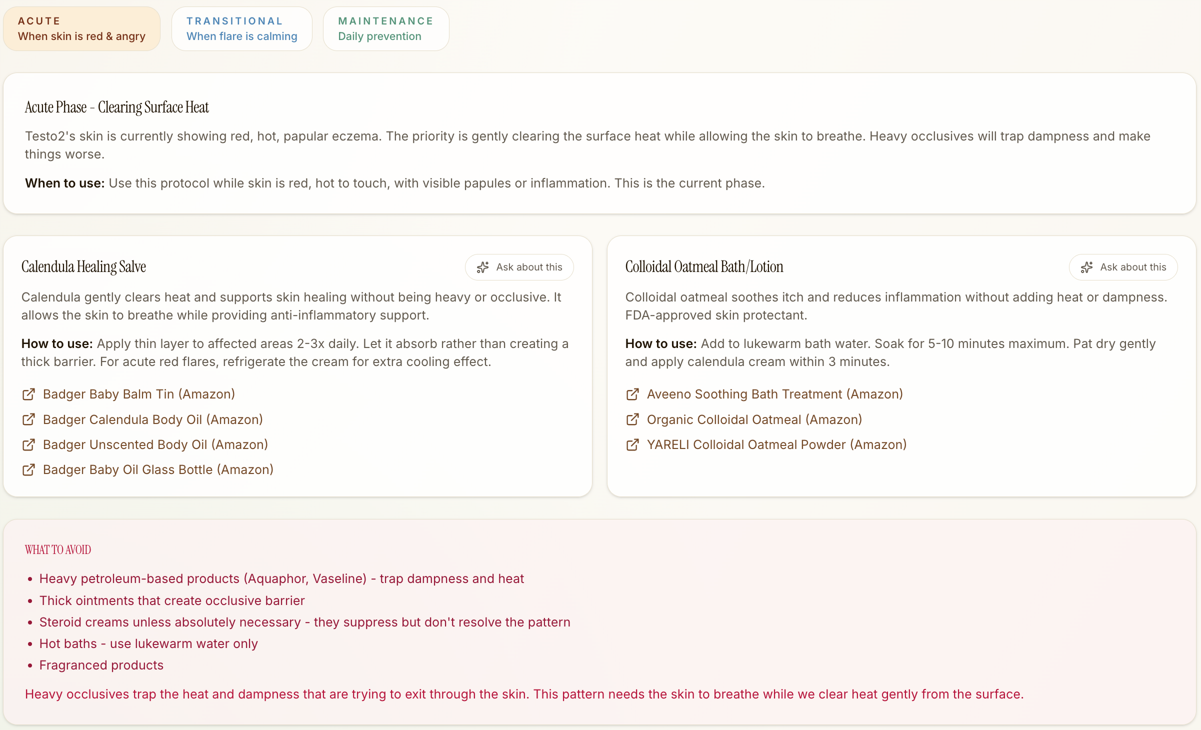 Phase-based topical recommendations with product links