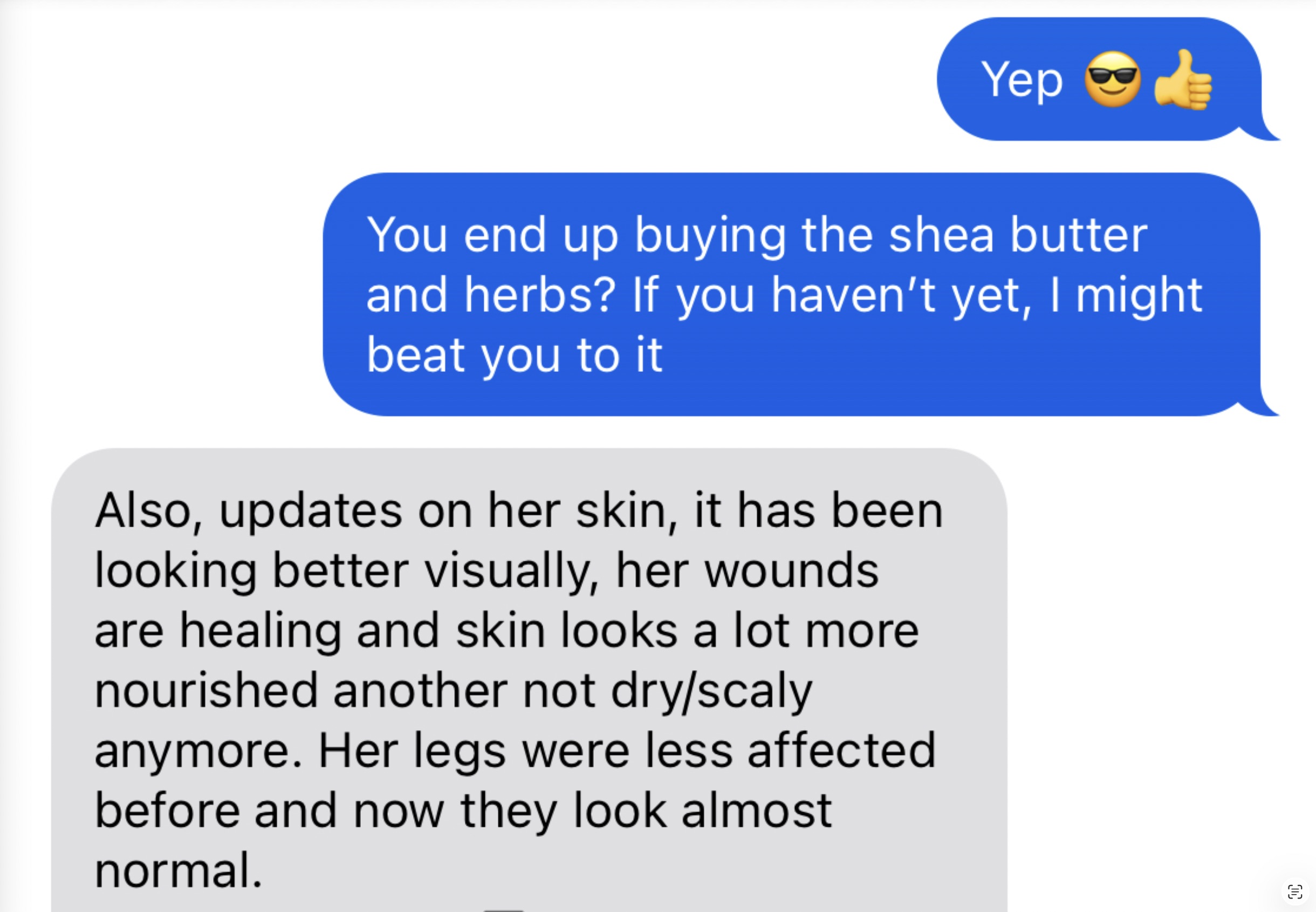 Mom reporting her baby's skin is healing and looking more nourished