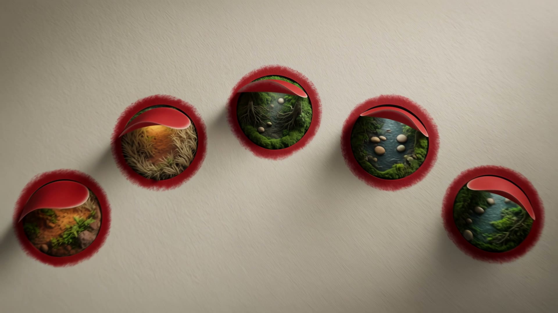 Five miniature gardens unfold from separate windows in a sheet of paper.